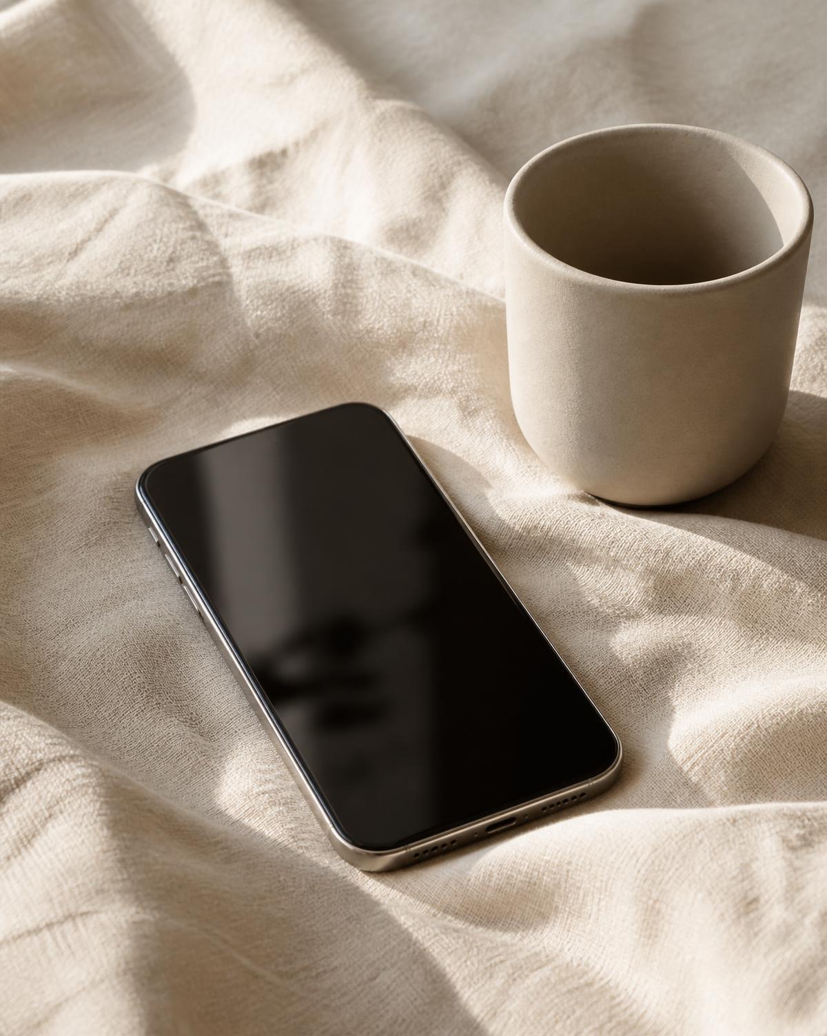 Minimal still life of a phone on linen